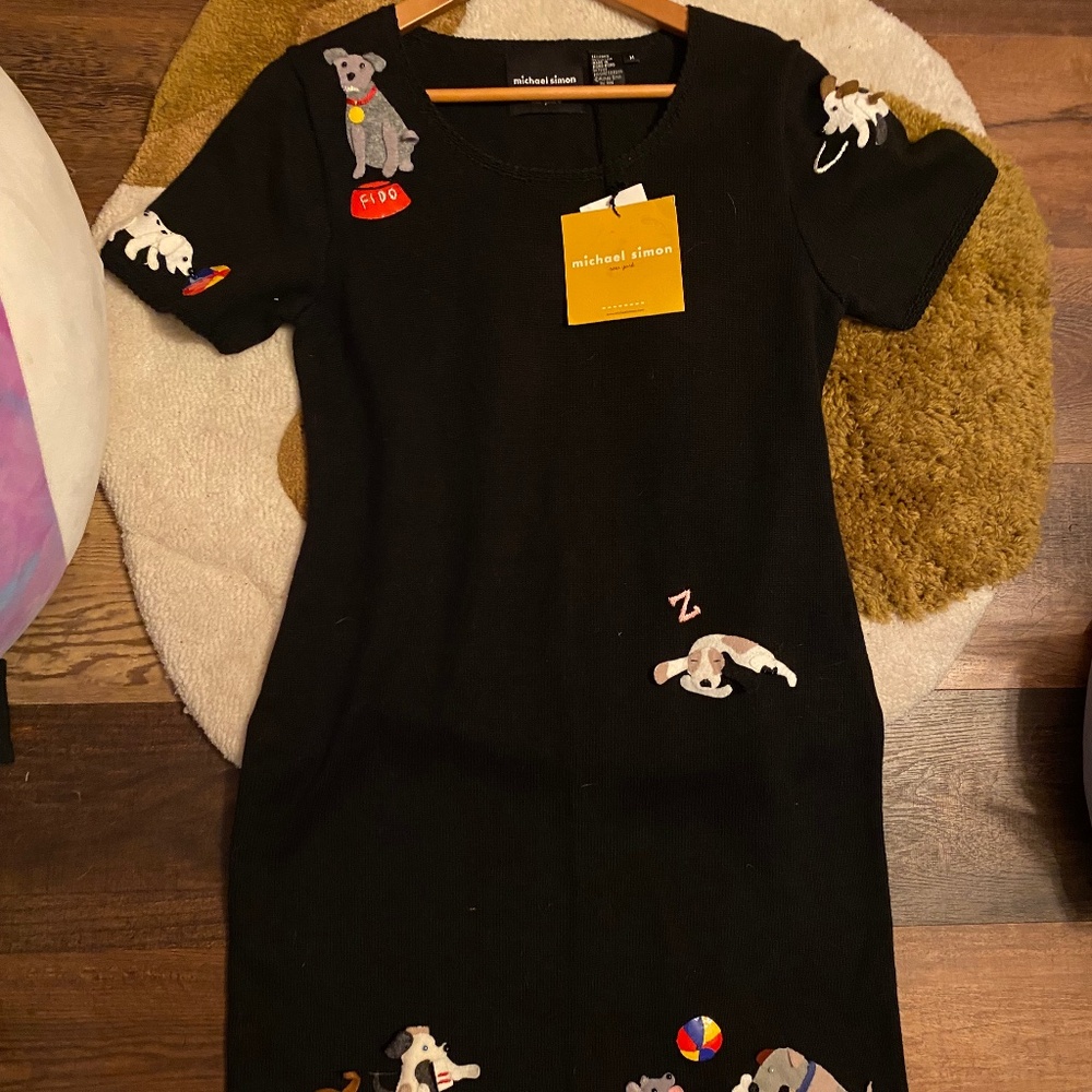 Vintage Michael Simon Black Sweater Dress Dogs Size Medium NWT
